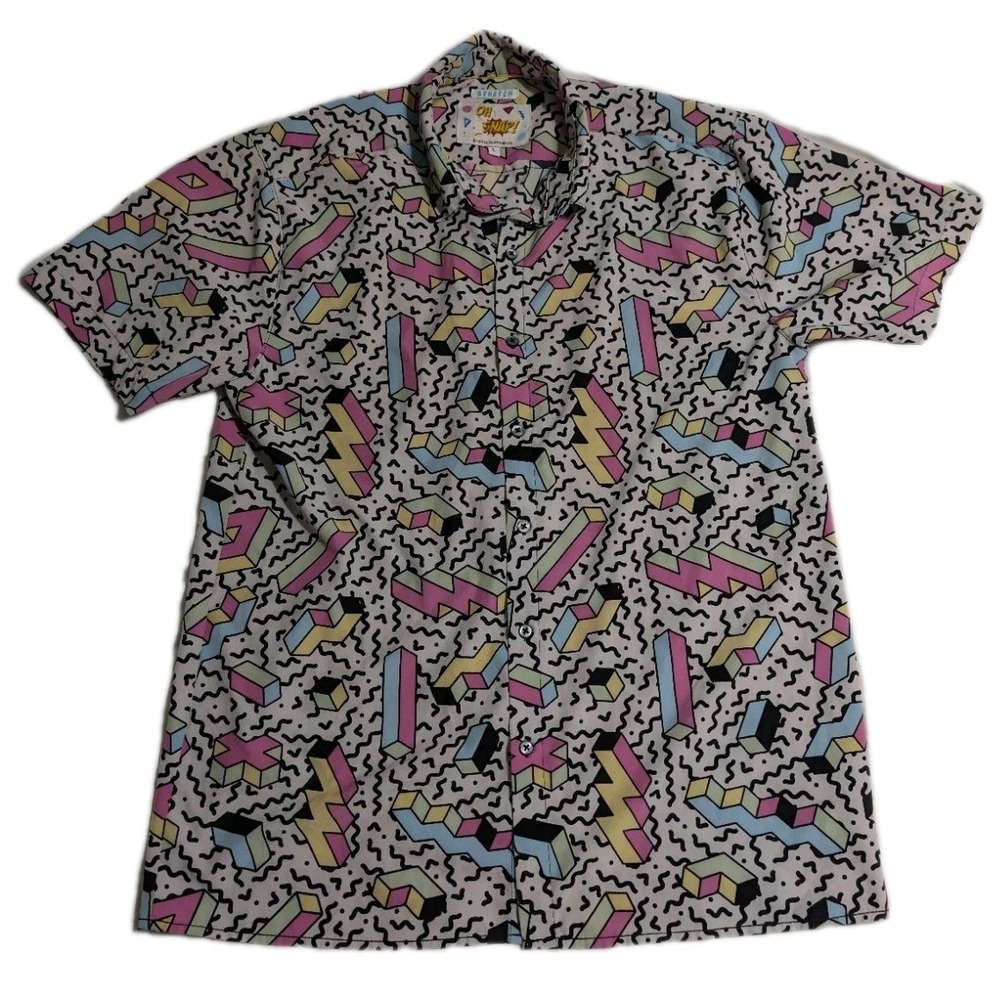 Drill Clothing Oh Snap! Stretch Button Up Shirt Mens Large Geometric 80s‎ Retro